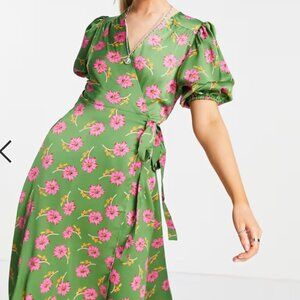 Liquorish Wrap Midi Dress – Green Floral, US 8 (Worn Once)